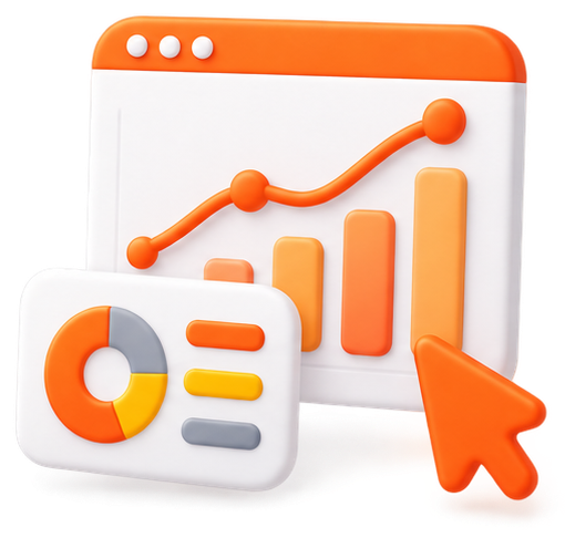 3D analytics dashboard with charts and cursor