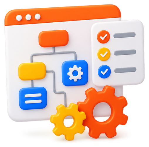 3D workflow interface with checklist and gears