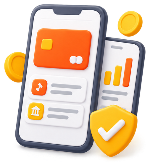 3D fintech mobile app screens with coins and security shield